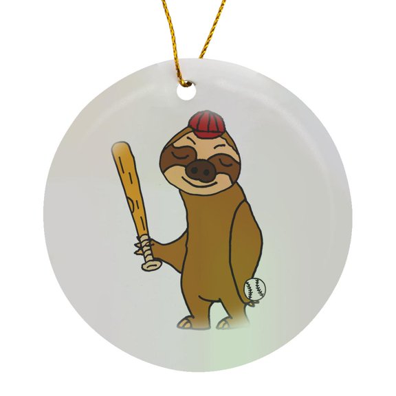 3drose, Cool Humorous Sloth Playing Baseball or Softball Cartoon, Circle Porcelain Ornament