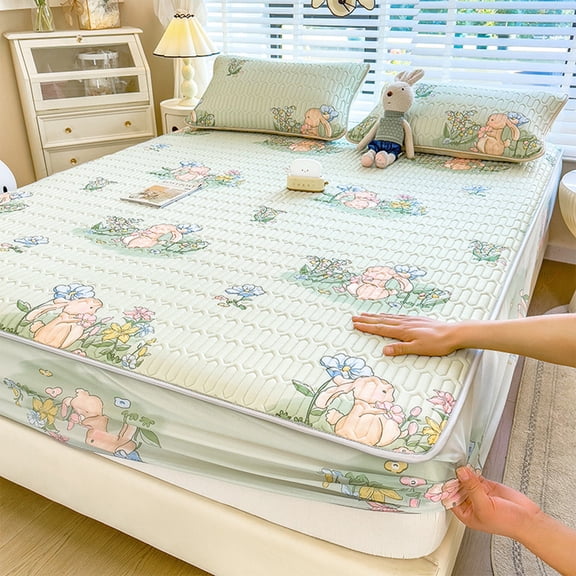 Cool Ice Silk Mattress Cover With Cute Rabbit Print, Breathable Summer Bed Sheet Air Conditioner Bedding Protector Washable Soft Sleeping Cover