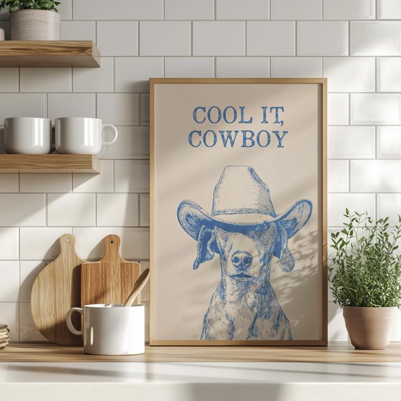 Cool It Cowboy Dog Or Western Labrador Funky Blue Pet Portrait Cowboy Animal Nursery Poster , Poster Print Only