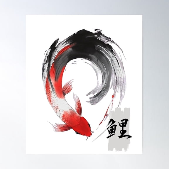 Cool Japanese Nishiki Koi Art With Kanji Poster Wall Art, Modern Wall Decor For Living Room Bedroom, 12x18 UNFRAMED