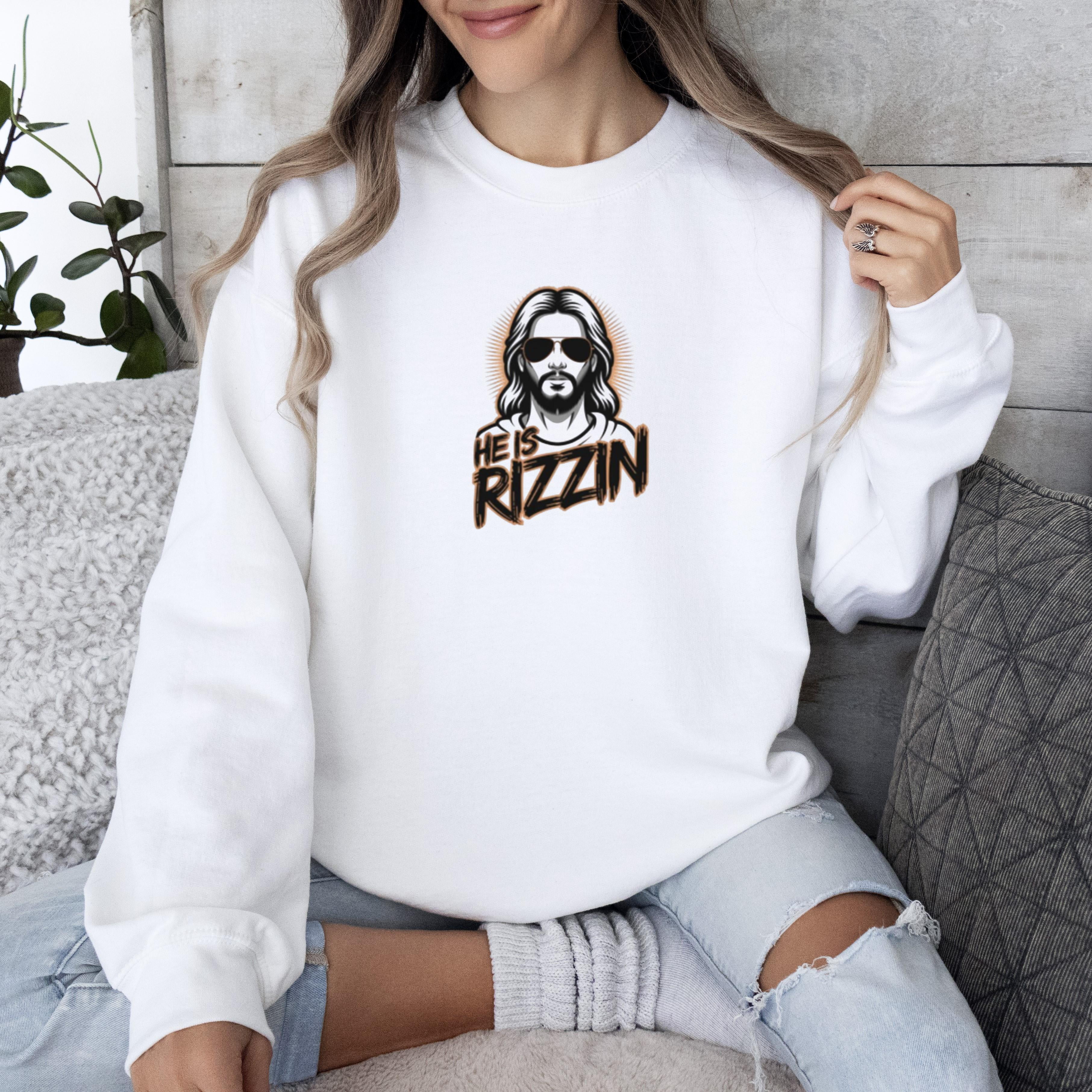 Cool Jesus He Is Rizzin Unisex Softstyle Sweatshirt Funny Christian Tee ...