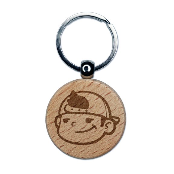 Cool Kid Boy With Backwards Hat Baseball Cap Engraved Wood Round Keychain Tag Charm