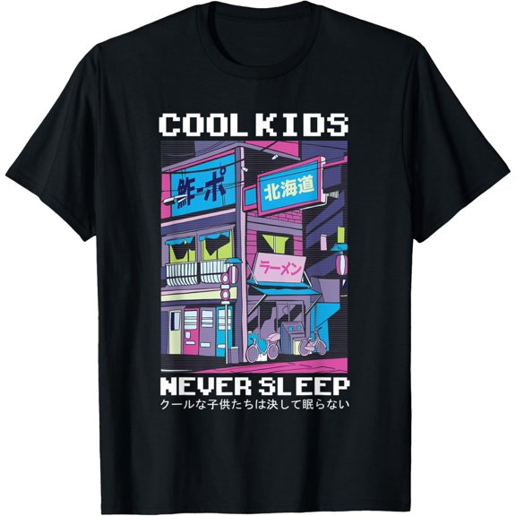 Cool Kids Never Sleep - Retro Anime Vaporwave Aesthetic T-Shirt men and women can wear, black, white, gifts