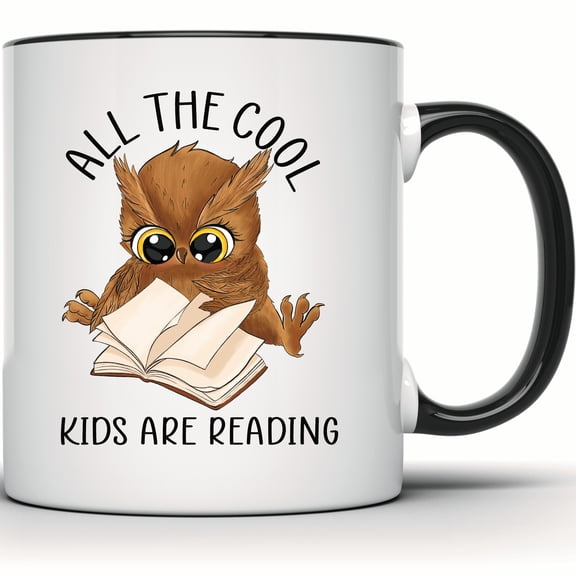 All The Cool Kids Reading Owl Mug - Book Lover Gift - Cute Owl Coffee Mug - Gift for Readers - Library Mug for Owl Lovers - 11 Ounce Black Rim Handle Novelty Coffee Cup - WMUG1617-BLK