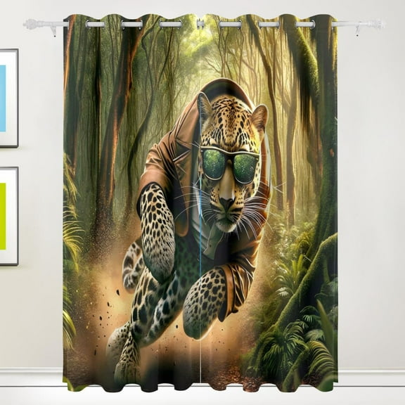Cool Leopard Shuttling Forest Blackout Curtains 2 Panels Set Grommet Drapes for Bedroom Living Room W55xL84