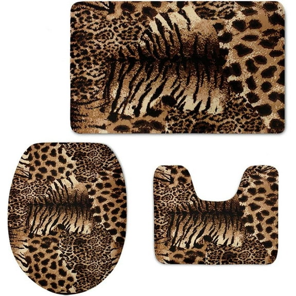 Cool Leopard Skin Print Decorative Bath Mat Set Bathroom Rug Set Contour Rug Toilet Lid Cover U Shape Soft Non-Slip Washable