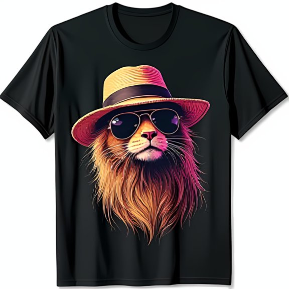 Cool Lion Graphic Black T-Shirt with Sunglasses & Hat Retro Style