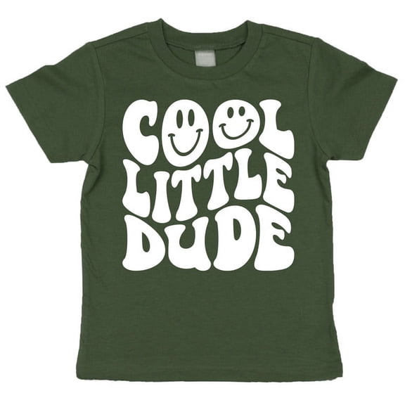 Cool Little Dude Retro Smiley Shirt White on Military Green Shirt 12 Months