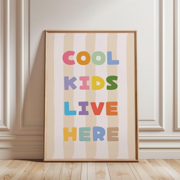 Cool Live Here Wall Art, Colourful Beige Stripe Line Typography For Room & Nursery Décor, Playful Art Poster, Unframed Poster Size 12x18