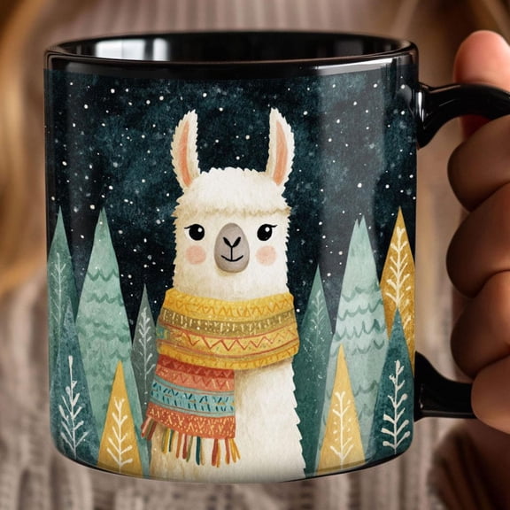Cool Llama in Christmas Tree Forest Mug | Black Ceramic Xmas Mug, Bright Colors, Morning Coffee Cup, Holiday Drinks, hot chocolate, brewed