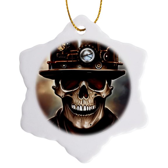 3drose, Cool Machine Skull in Mechanical Hat with Sensors and Indicators, 3 inch Snowflake Porcelain Ornament