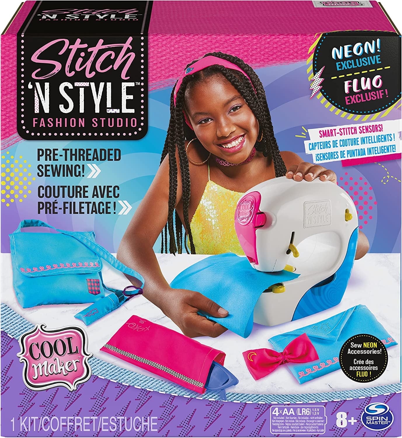 Cool Maker, Exclusive Neon Stitch ‘N Style Fashion Studio, Sews 8 Stylish Projects, Pre-Threaded Sewing Machine Toy, Arts & Crafts Kids Toys
