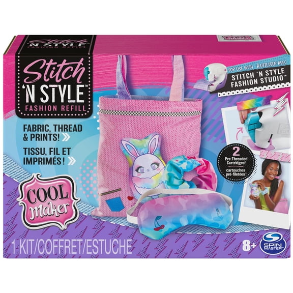 Cool Maker, Stitch N Style Fashion Studio Refill with 2 Pre-Threaded Cartridges, Fabric and Water Transfer Prints, Arts & Crafts Kids Toys for Girls