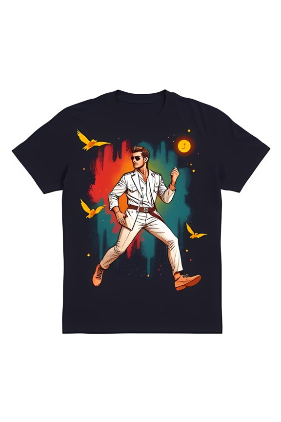 Cool Man in White Suit Walking Through Colorful Abstract Landscape T-Shirt