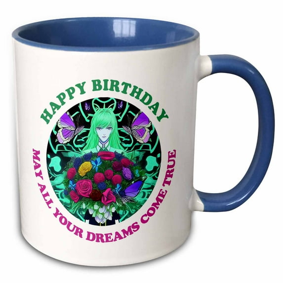 3drose, Cool Manga Girl and a Bunch of Flowers. Happy Birthday Greeting Card, 11oz Two-tone Blue Mug