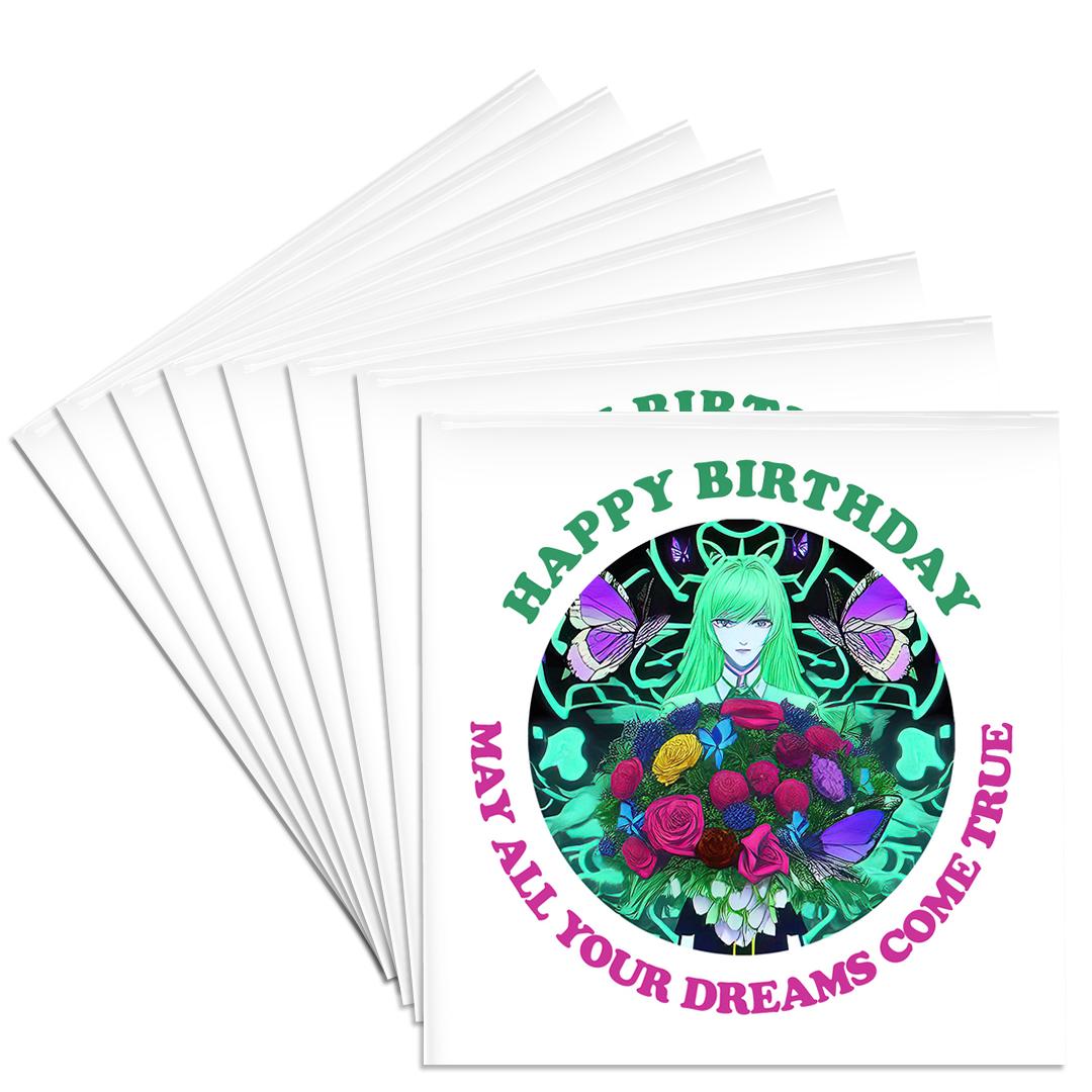 3drose, Cool Manga Girl and a Bunch of Flowers. Happy Birthday Greeting Card, Set of 8 Ceramic Tile Coasters