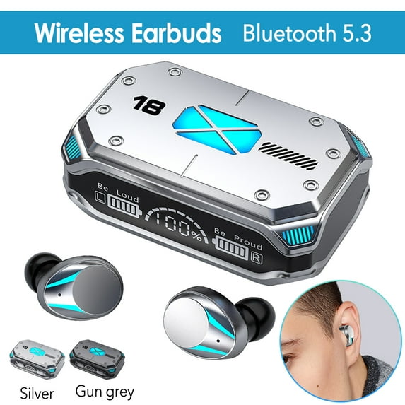 Cool Mecha Style Wireless Earbuds, TWS Bluetooth 5.3 Wireless Earbuds Waterproof Headphone LED Display Earphones with Powerbank Function, Silver
