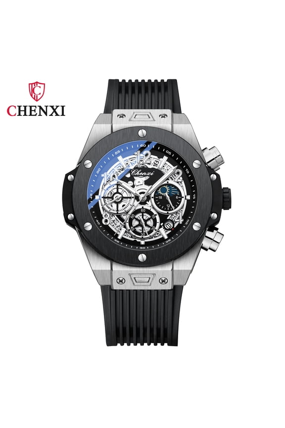 Cool Men's Geometric Rivets Moonphase Chronograph Night Quartz Watch