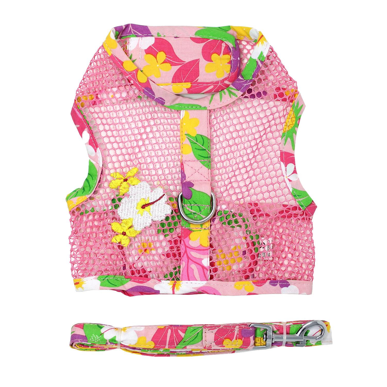 Cool Mesh Dog Harness with Leash by Doggie Design - Pink Hawaiian Floral - X-Small