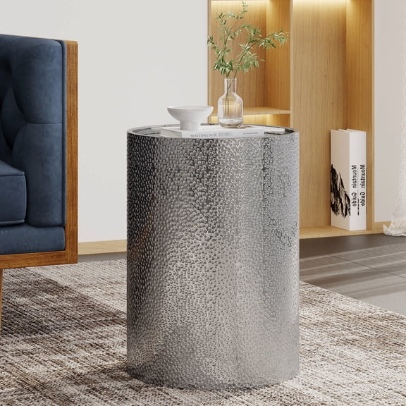 Cool Metal Side Table, Hammered Surface, Iron Frame, 16"x16"x22.01", No Assembly Needed, Silver Sophisticated 16x16x22.01, Enhance Your Home, Assembly,