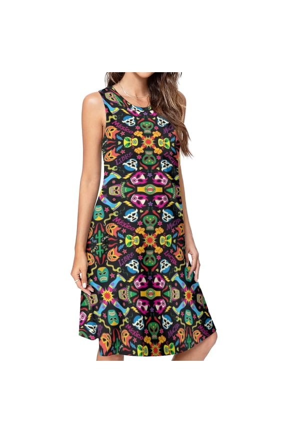 Cool Mexican wrestlers getting ready to fight and have fun Spring Summer Dresses for Women Fashion T-shirt Dress Casual Sleeveless Loose Sundress with Pockets