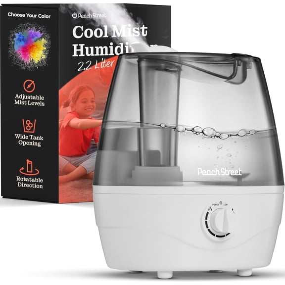 Cool Mist Humidifier - 2.2L Water Tank, for Bedroom, Baby, Quiet Ultrasonic Air Vaporizer, Adjustable Mist Level, 360 Nozzle Rotation, Auto-Shut Off, Large Area Humidifiers Easy Fill and Clean (Grey)