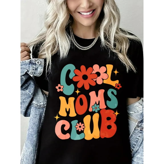 Cool Mom Club Letter Print Short Sleeve Shirts for Women Black One-Piece