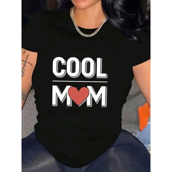 Cool Mom Heart Graphic Valentine's Day Women Short Sleeve Crew Neck Tee