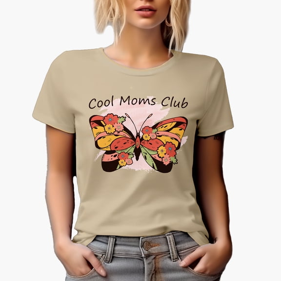 Cool Moms Club with Butterfly, Tan T-Shirt, XL