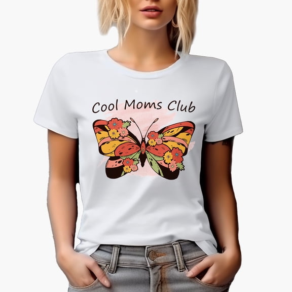Cool Moms Club with Butterfly, White T-Shirt, Small