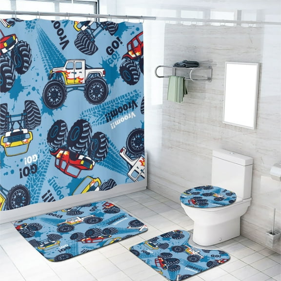 Cool Monster Truck 4 Pcs Shower Curtain Set Colorful Cartoon Cars with Non-Slip Rugs Toilet Lid Cover and Bath Mat Bathroom Decor Set, 72x72 Inch