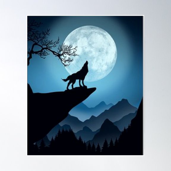 Cool Moon Wolf Tree Cliff Art Poster Wall Art, Modern Wall Decor, 12x18 UNFRAMED