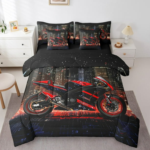 Cool Motocross Bed in a Bag Full Size,Modern Chic Dirt Bike Comforter Set 7 Pieces Youth,Glitter Red Black Motorcycle Bedding Sets,Extreme Sport Games Sheet Set with Comforter