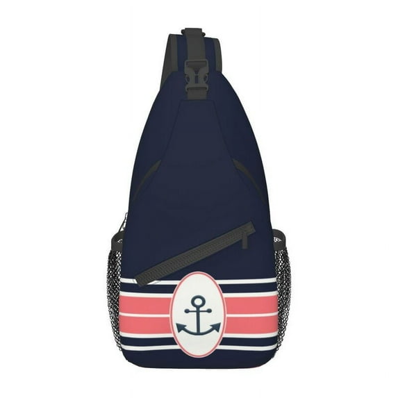 Cool Navy Blue Stripes l Anchor Boat Sling Bag for Traveling Men Chest Crossbody Backpack Shoulder Daypack