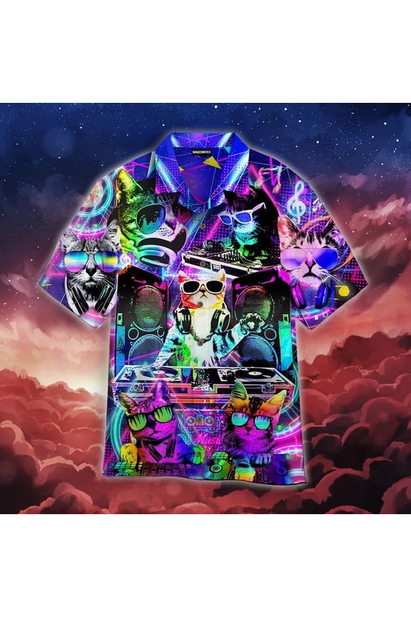Cool Neon Dj Kitty Cat Hawaiian Shirt