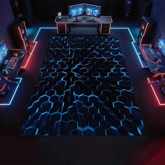 Cool Neon Hexagons Area Rugs Abstract Blue Black Honeycomb Geometric Plaid Indoor Rugs Non Slip Washable Floor Throw Carpet for Living Room Bedroom Gaming Decor Gamer Gifts 5 x 7ft