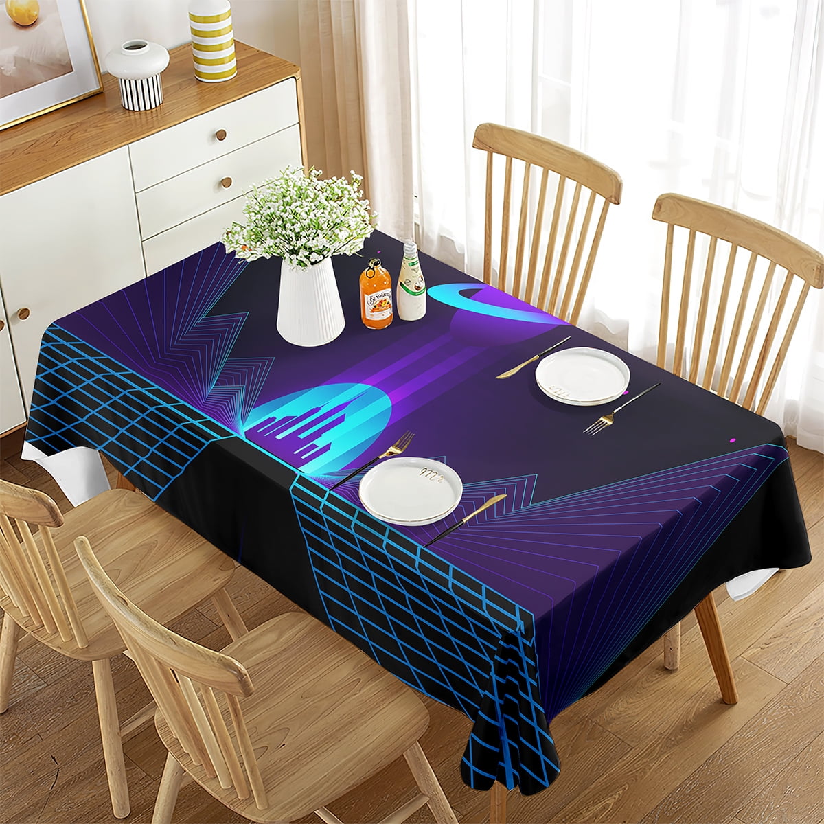 Cool Neon Wave Sun Tree Pattern Tablecloth Table Cover for Party Dining