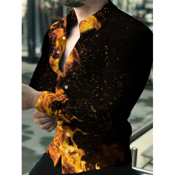Cool Novelty 3D Graphic Shirt for Men Shirts Button Down Long Sleeve Tops Muscle Fit Dress Shirts Athletic Slim Fit Blouse Orange XXL