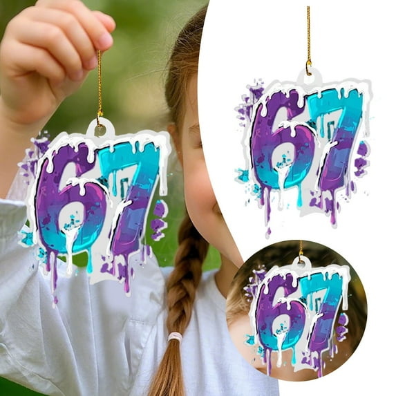 Cool Number 67 Ornament Graffiti Splash Style 3.15" Acrylic Car Mirror Charm, Blue Purple Art Pendant for 1967 Born Men Teen Boys Room Decor, Novelty 67th Birthday Souvenir Key Chain Tag