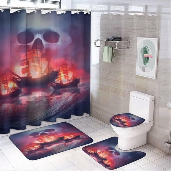 Cool Ocean Theme 4 Pcs Shower Curtain set Bathroom Set Retro Monster Attack Pirate Ship Sailboat Great Wave Shower Mat Shower Curtain with Rug 12 Hooks,72" W x 72" L
