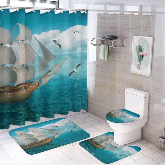 Cool Ocean Theme 4 Pcs Shower Curtain set Bathroom Set Retro Monster Attack Pirate Ship Sailboat Great Wave Shower Mat Shower Curtain with Rug 12 Hooks,72" W x 72" L