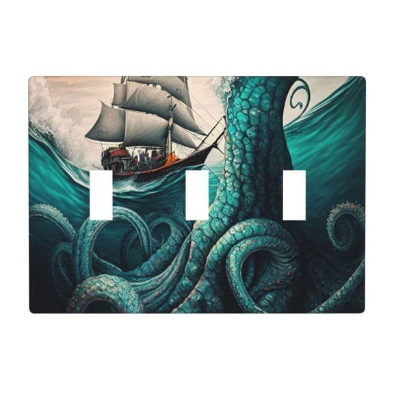 Cool Octopus Monster Sail Boat Waves 3 Gang Light Switch Cover Decorative Triple Toggle Wall Plate for Kitchen Bedroom Bathroom Living Room Decor