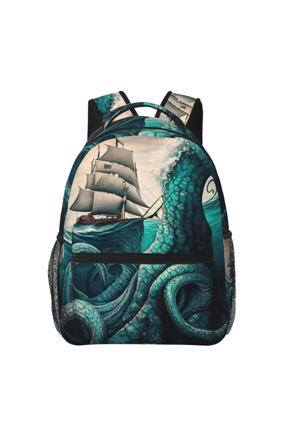 Cool Octopus Monster Sail Boat Waves Backpack Casual College Bag Zipper Laptop Daypack Hiking Rucksack Travel