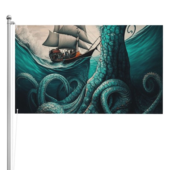 Cool Octopus Monster Sail Boat Waves Double Sided Flag 3x5FT Reversible Garden Flag Outdoor Decor for House, Porch, Lawn, Yard, Indoor Wall, Party Decoration