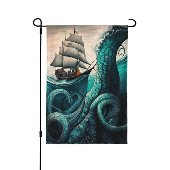 Cool Octopus Monster Sail Boat Waves Double Sided Garden Flag 12.5x18 Outdoor Decorative Yard Banner for Patio Lawn Garden