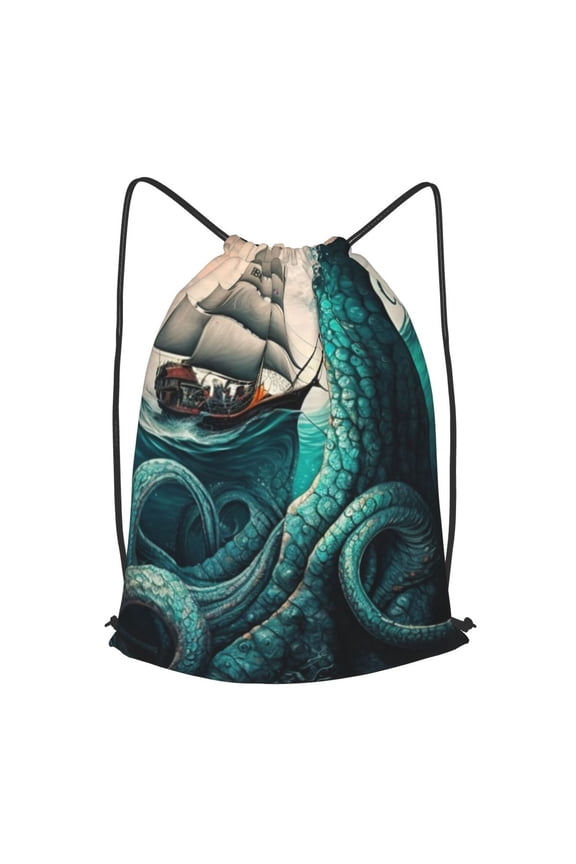 Cool Octopus Monster Sail Boat Waves Drawstring Backpack Gym String Bag Sports Sackpack Cinch Sack, Small
