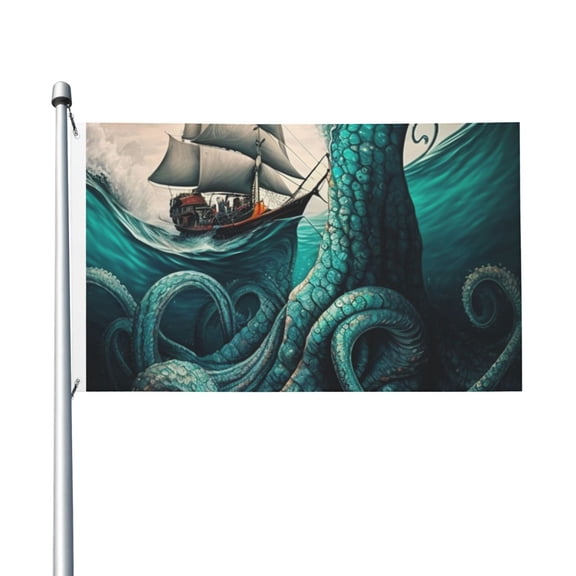 Cool Octopus Monster Sail Boat Waves Flag 3X5 Ft Garden Yard House Flags Banner Sign Outdoor Indoor Party Home Garden Decoration