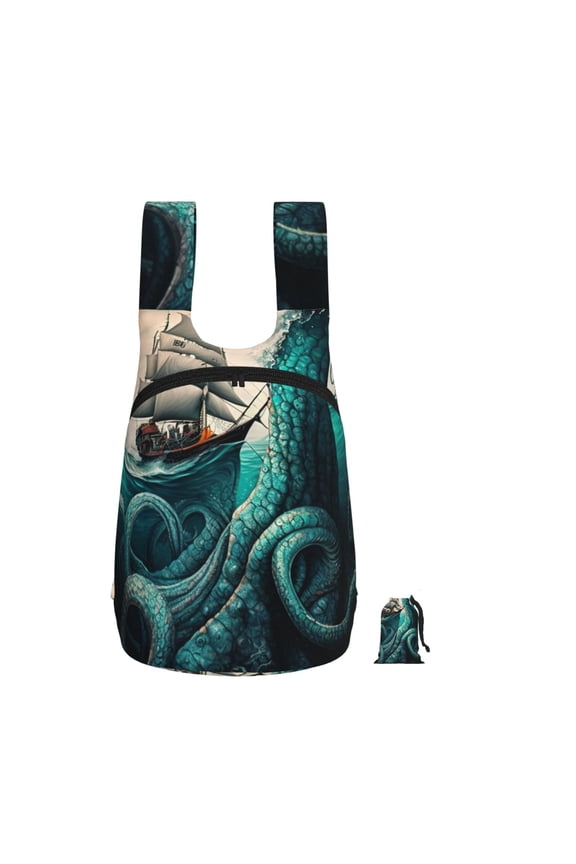 Cool Octopus Monster Sail Boat Waves Foldable Storage Backpack Lightweight Packable Travel Daypack for Shopping Commuting Hiking
