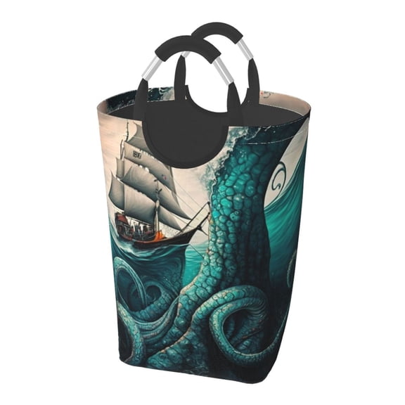 Cool Octopus Monster Sail Boat Waves Laundry Bag with Handle - Foldable Dirty Clothes Hamper Collapsible Storage Bin