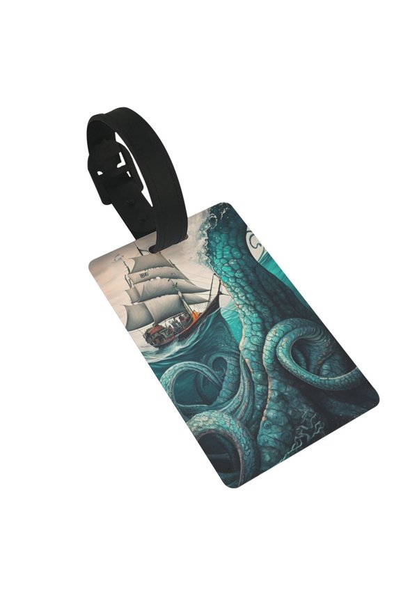 Cool Octopus Monster Sail Boat Waves Luggage Tags Suitcases ID Baggage Identifier Card Name Tag for Travel Backpacks Gym Bags